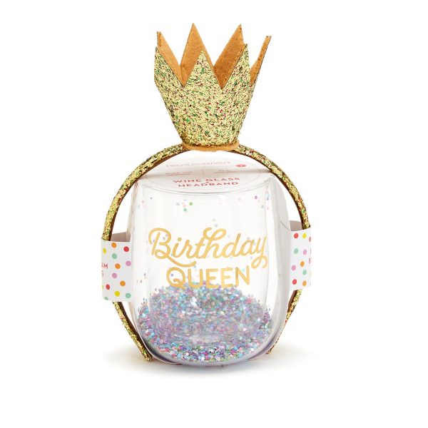Stemless Wine Glass with Glitter Crown Headband - Birthday - Image 3