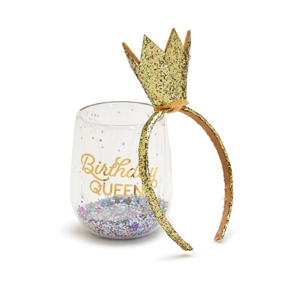 Stemless Wine Glass with Glitter Crown Headband - Birthday - Image 6