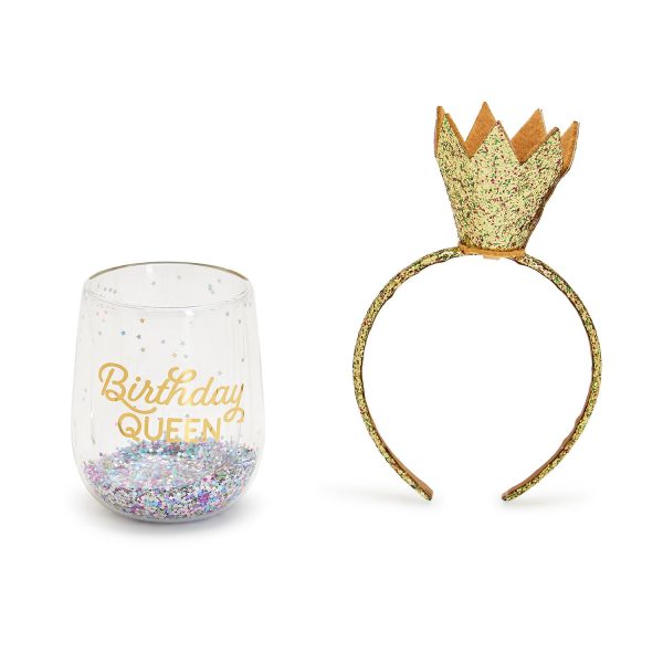 Stemless Wine Glass with Glitter Crown Headband - Birthday