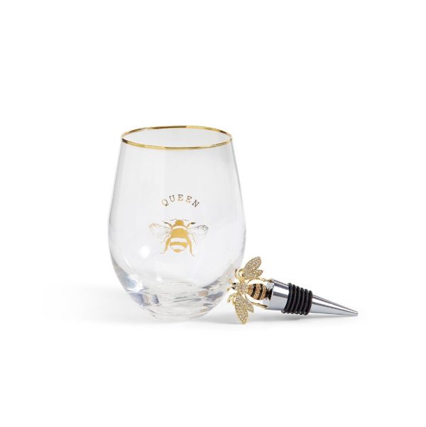 Stemless Wine Glass with Wine Stopper - Bee